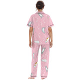 Kawaii Heaven Women's Pink Cat Print Pajamas Set with Elastic Waist & Black Contrast Piping
