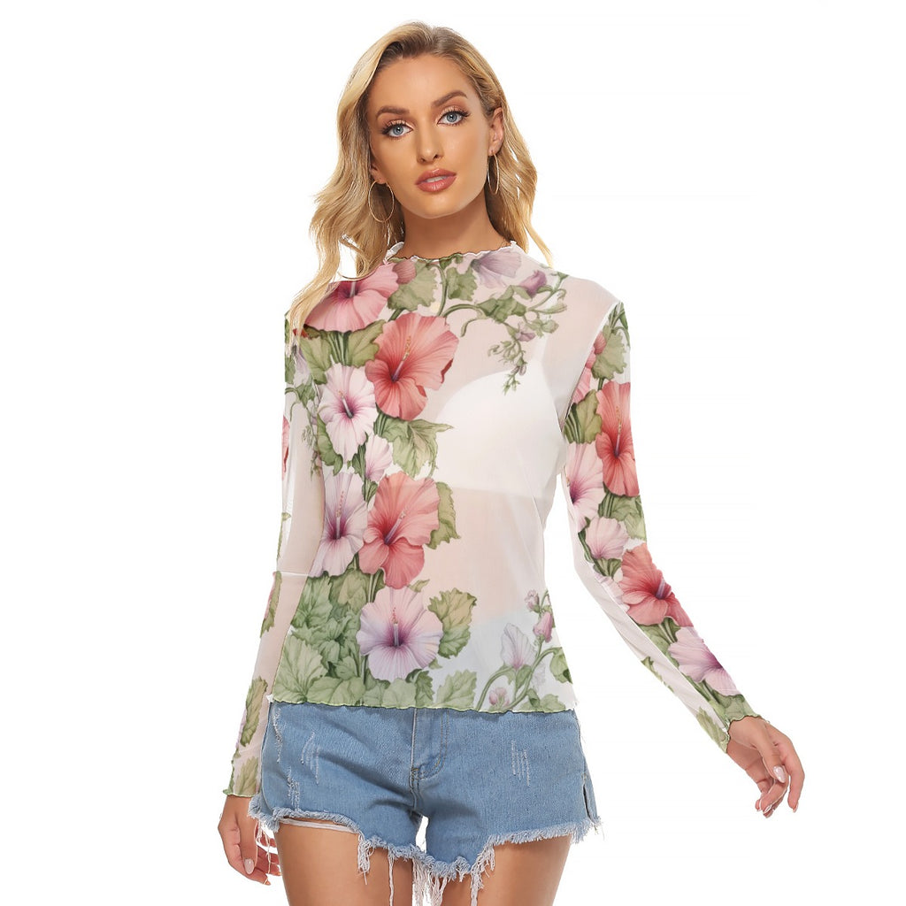 Women's Floral Mesh Long Sleeve T-Shirt - Lightweight Sheer Botanical Print Top