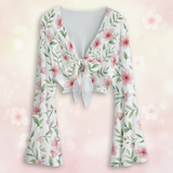 Floral Mesh Tie Front Top – Sheer Bell Sleeve Blouse