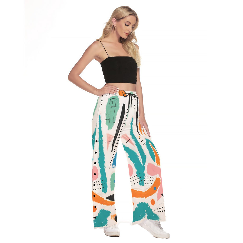 Abstract Side Slit Palazzo Pants – Colorful Wide Leg Snap Button Trousers