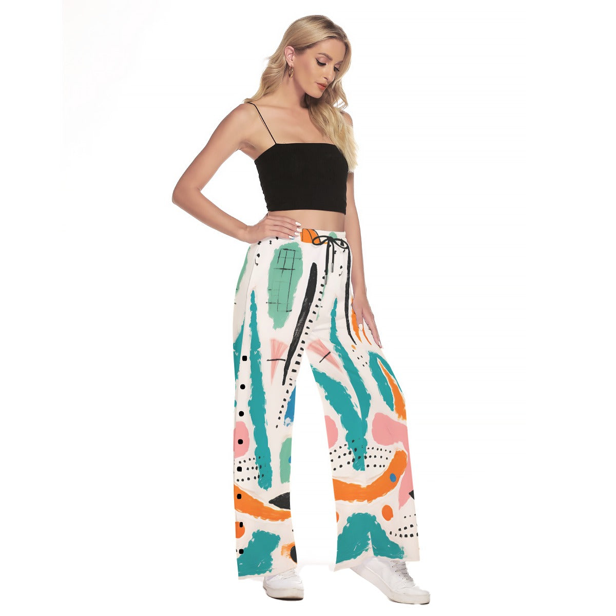 Abstract Side Slit Palazzo Pants – Colorful Wide Leg Snap Button Trousers