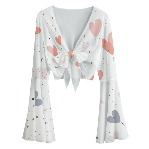 Kawaii Heaven Women's Romantic Hearts Mesh Blouse with Bell Sleeves