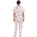 Kawaii Heaven Heart Print Women's Pajamas Set with Elastic Waist & Contrast Piping