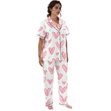 Kawaii Heaven Heart Print Women's Pajamas Set with Elastic Waist & Contrast Piping