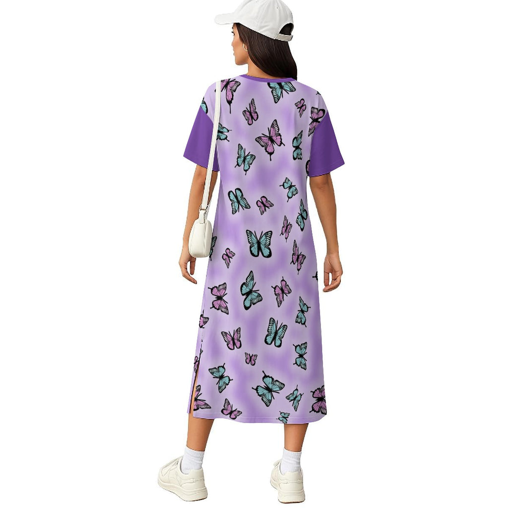 Purple Butterfly Cotton Midi Dress – Nature Inspired T-Shirt Dress | 180GSM Cotton
