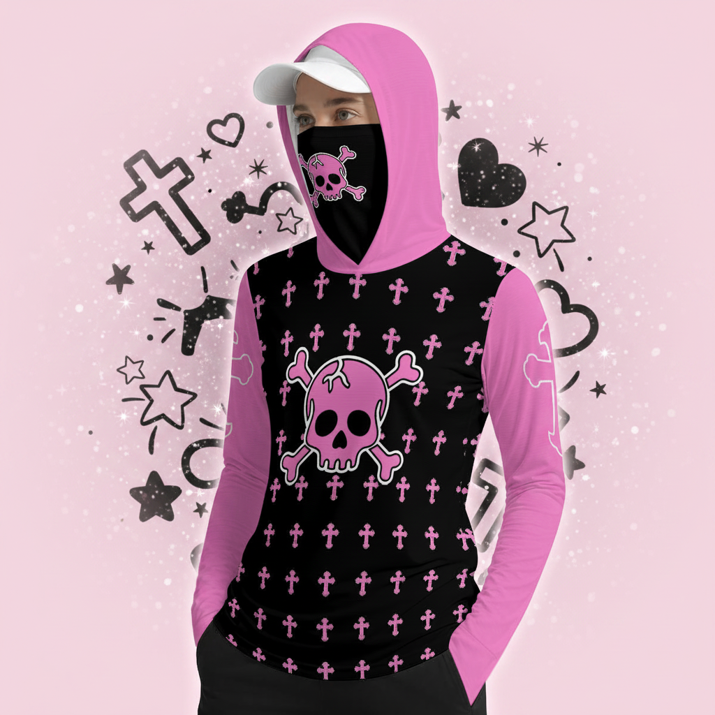 Pink Skull Hooded Top with Face Cover – Goth Long Sleeve Shirt