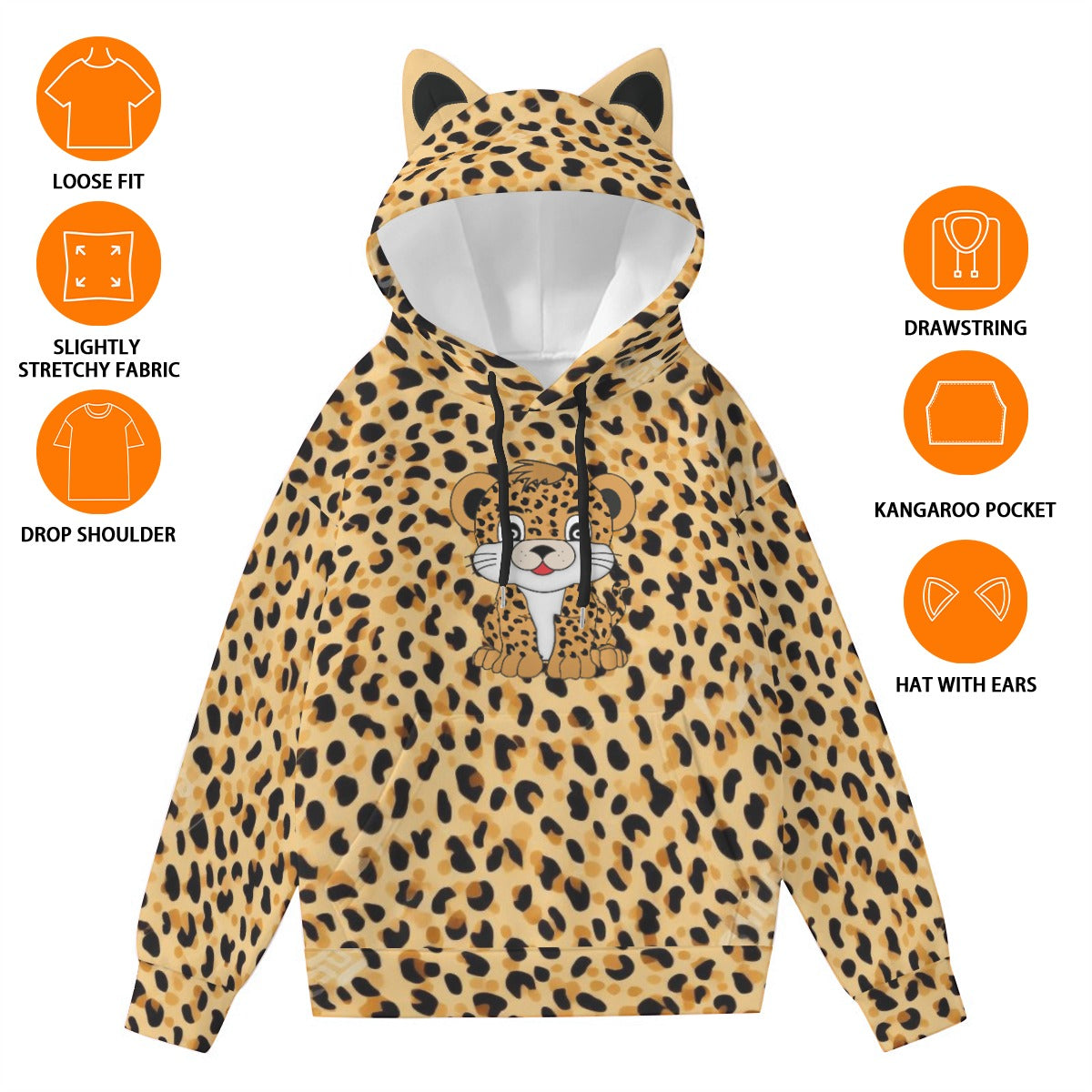 Leopard Print Kawaii Cat Ear Hoodie for Women, Cute Cartoon Cub Pullover with Decorative Ears