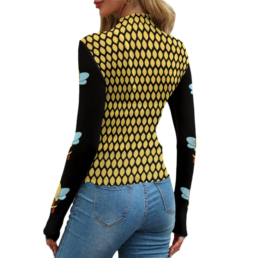 Women's Honeycomb Bee Mesh Long Sleeve Crop Top - Sexy Yellow Black Kawaii Aesthetic Shirt