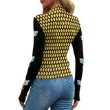 Women's Honeycomb Bee Mesh Long Sleeve Crop Top - Sexy Yellow Black Kawaii Aesthetic Shirt