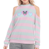 Pastel Butterfly Cold Shoulder Sweatshirt – High Neck Cute Top