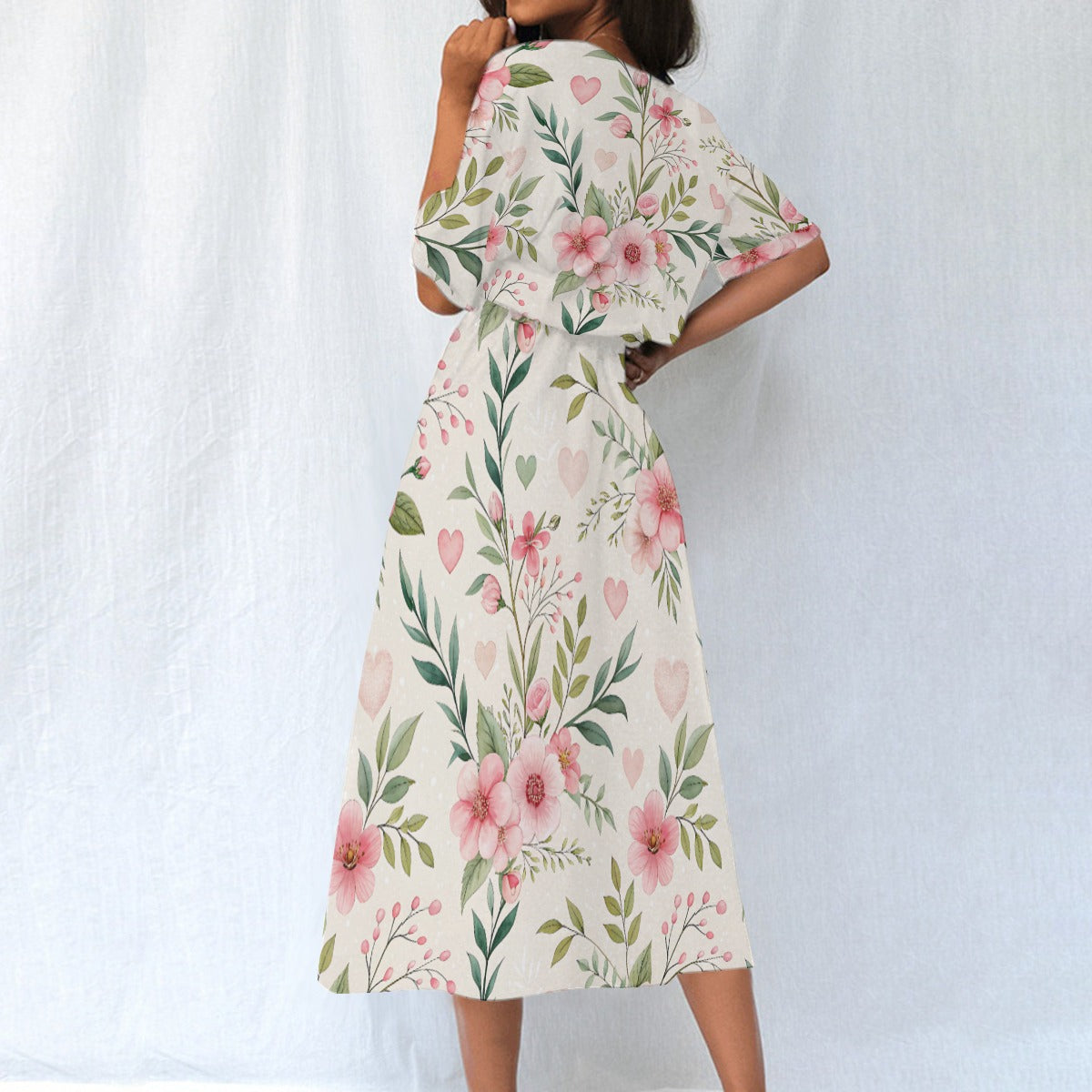 Floral Midi Dress – Pink Flower Elastic Waist Dress