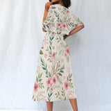 Floral Midi Dress – Pink Flower Elastic Waist Dress