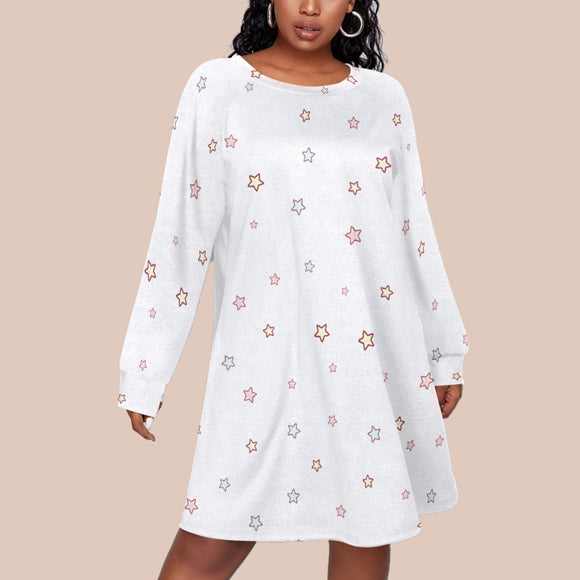 Kawaii Heaven Plus Size Star Print Long Sleeve Raglan Dress - Cozy Comfortable Women's Dress