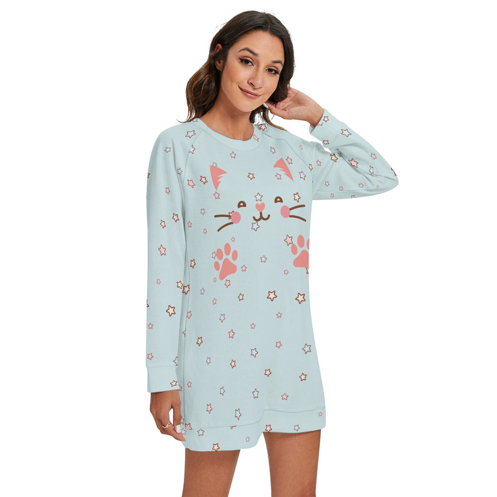 Kawaii Heaven Women's Cute Cat & Star Print Round Neck Raglan Sleeve Sweater - Cozy Blue