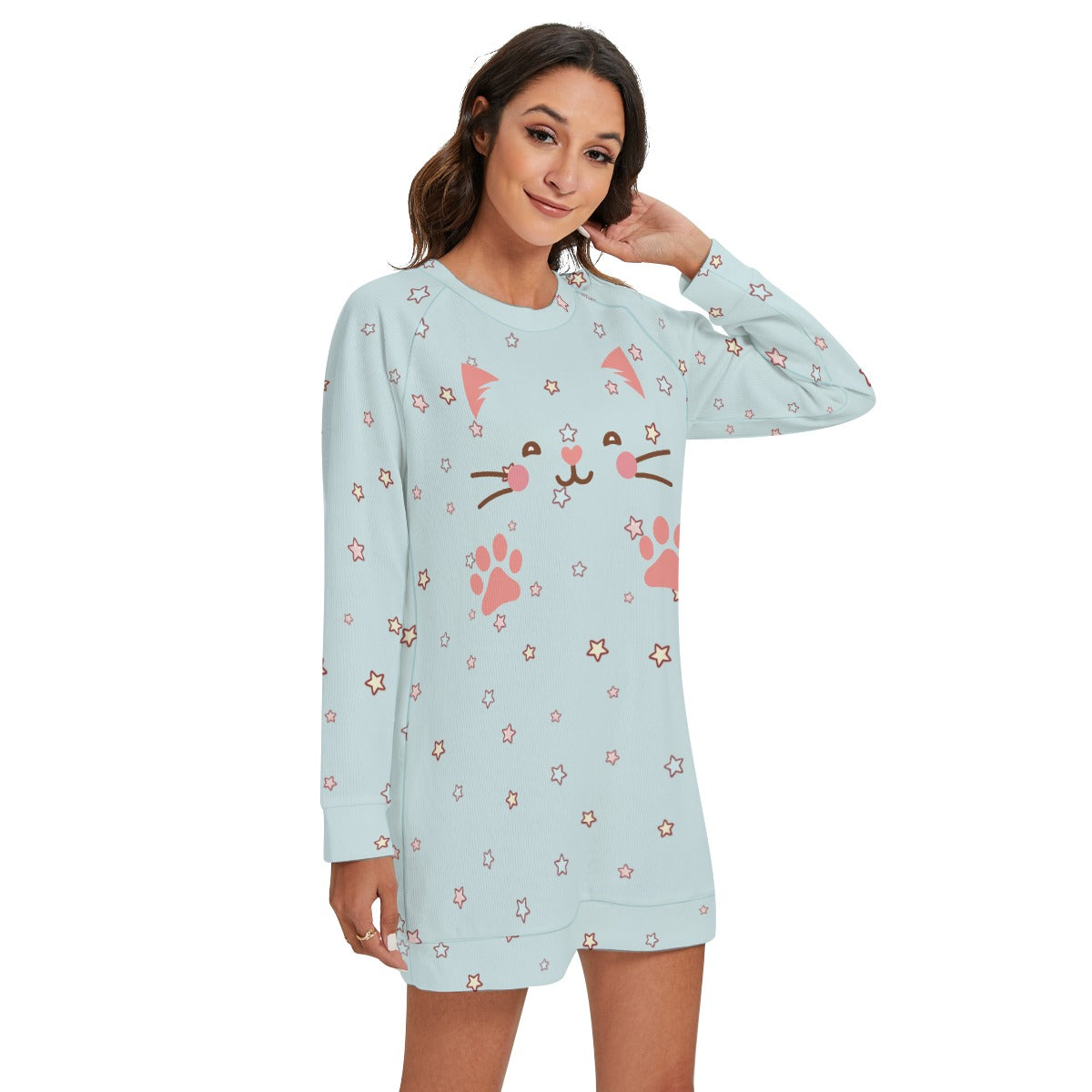 Kawaii Heaven Women's Cute Cat & Star Print Round Neck Raglan Sleeve Sweater - Cozy Blue