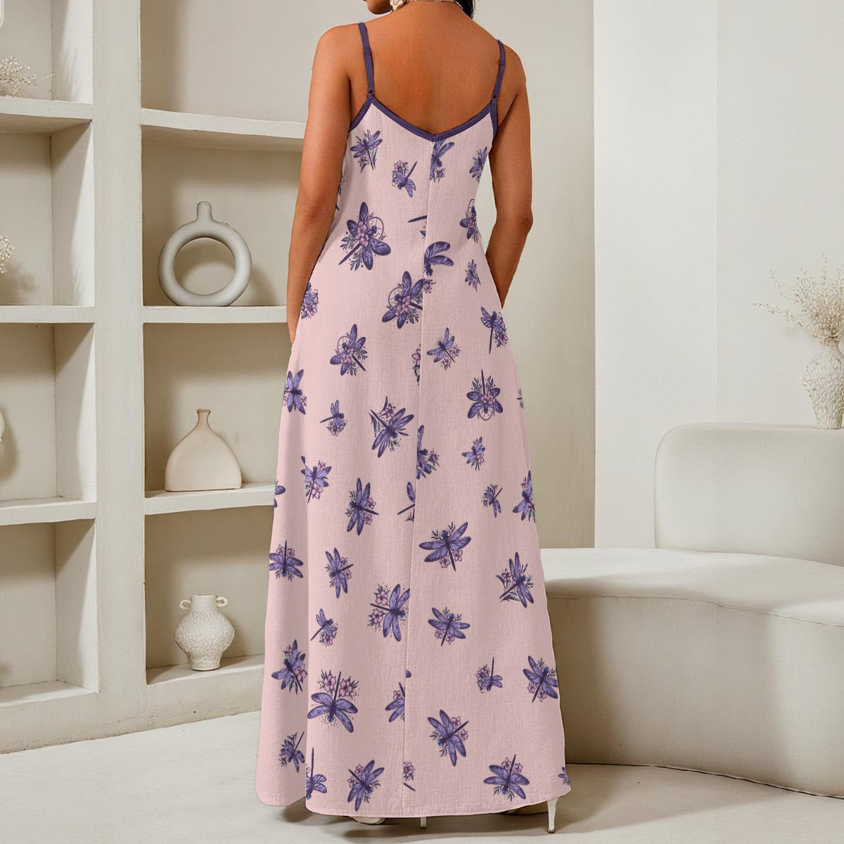 Purple Dragonfly Maxi Dress – Cottagecore Spaghetti Strap Summer Dress