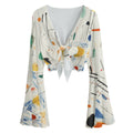 Tie Front Bell Sleeve Blouse – Abstract Art Mesh Top for Women