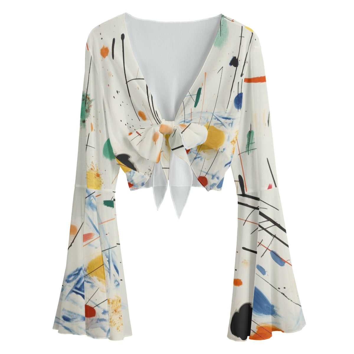 Tie Front Bell Sleeve Blouse – Abstract Art Mesh Top for Women