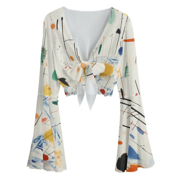 Tie Front Bell Sleeve Blouse – Abstract Art Mesh Top for Women