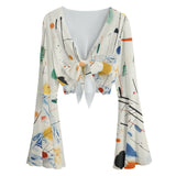 Tie Front Bell Sleeve Blouse – Abstract Art Mesh Top for Women