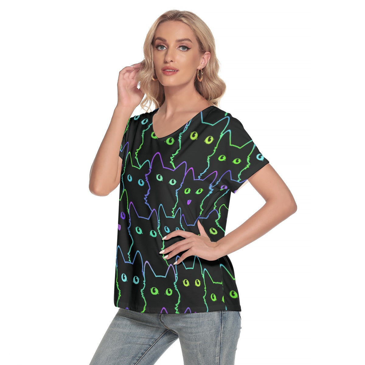 Neon Cat Print Tee - Kawaii Women's Casual Shirt, Olive Green