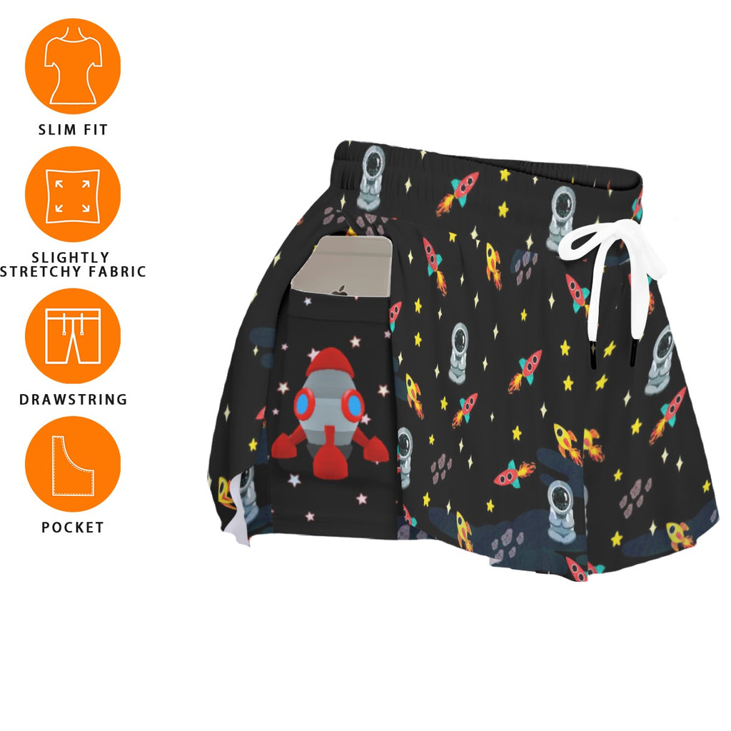 Space Rocket Print Women's Athletic Skorts with Side Pockets - Black Drawstring Sport Shorts