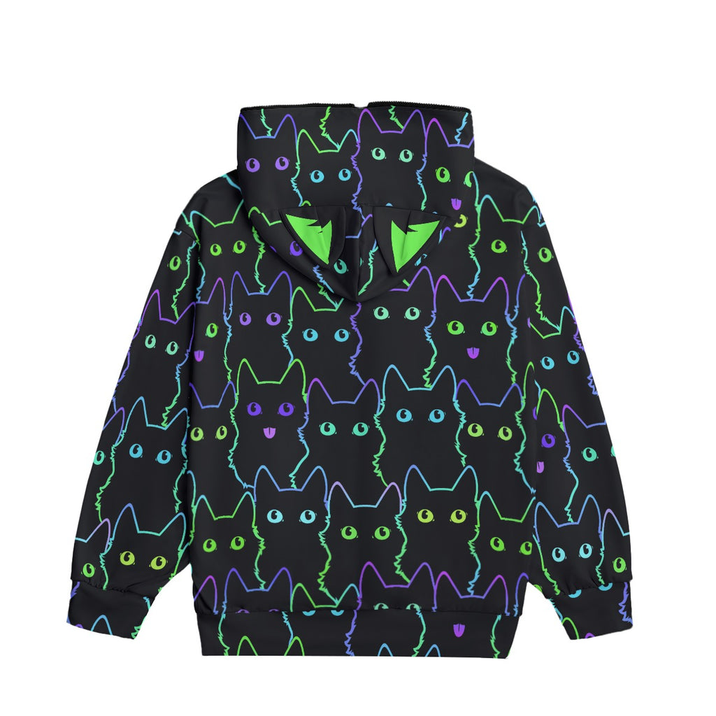 Neon Cat Print Zip-Up Hoodie with Cat Ears - Black Unisex Scuba Hooded Jacket
