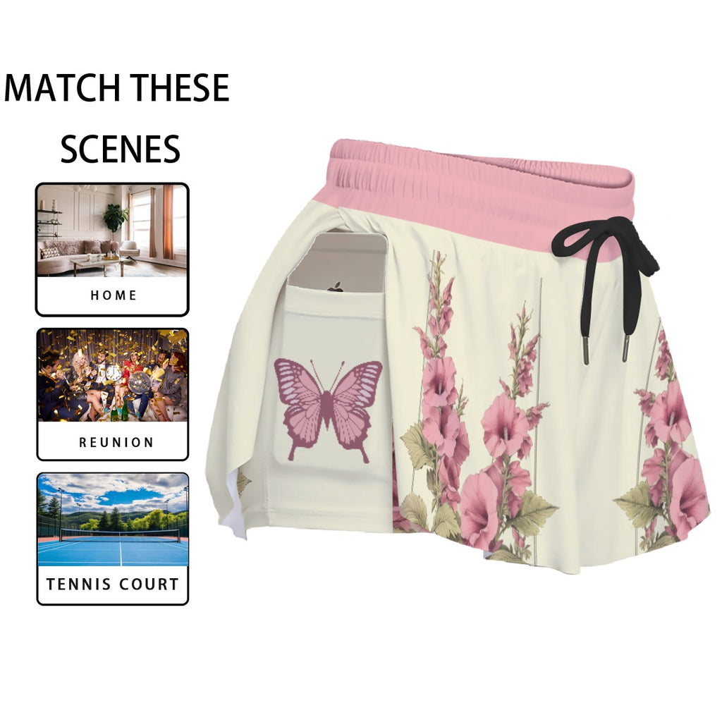 Floral Butterfly Microfiber Sport Skort with Phone Pocket - Pink Athletic Skirt for Tennis