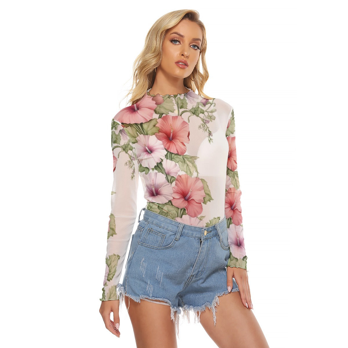 Women's Floral Mesh Long Sleeve T-Shirt - Lightweight Sheer Botanical Print Top