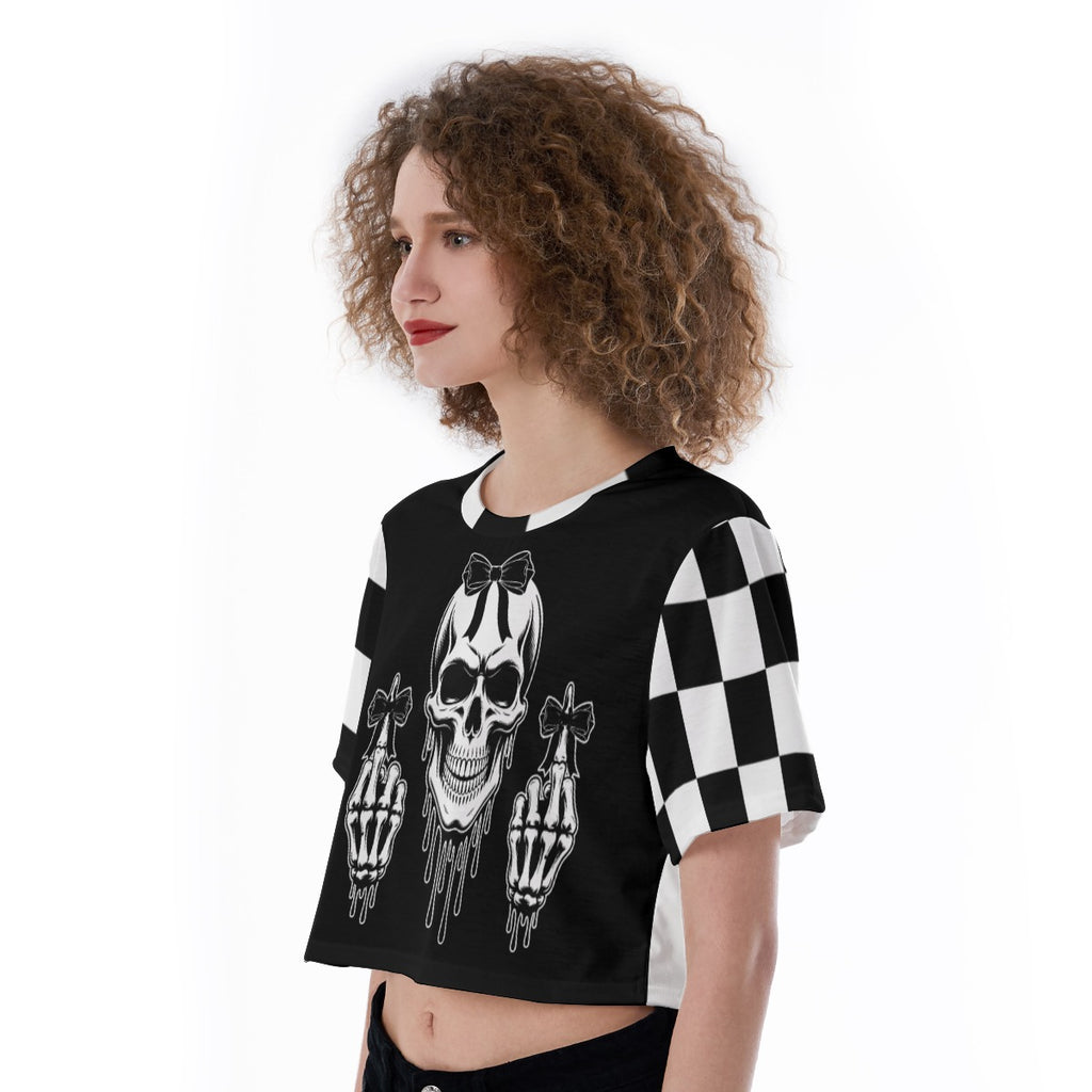 Gothic Skull Crop Top – Black & White Checkered Alt Graphic Tee