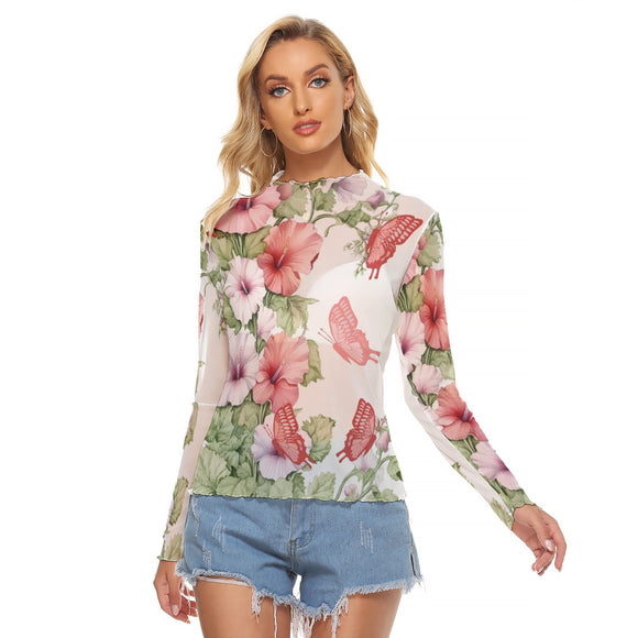 Floral Butterfly Mesh Long Sleeve T-Shirt for Women - Sexy Sheer Top with Pink Hibiscus Print