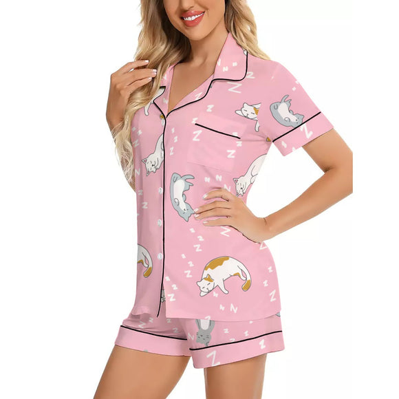 Kawaii Heaven Women's Imitation Silk Short Sleeve Pajama Set for Summer Comfort