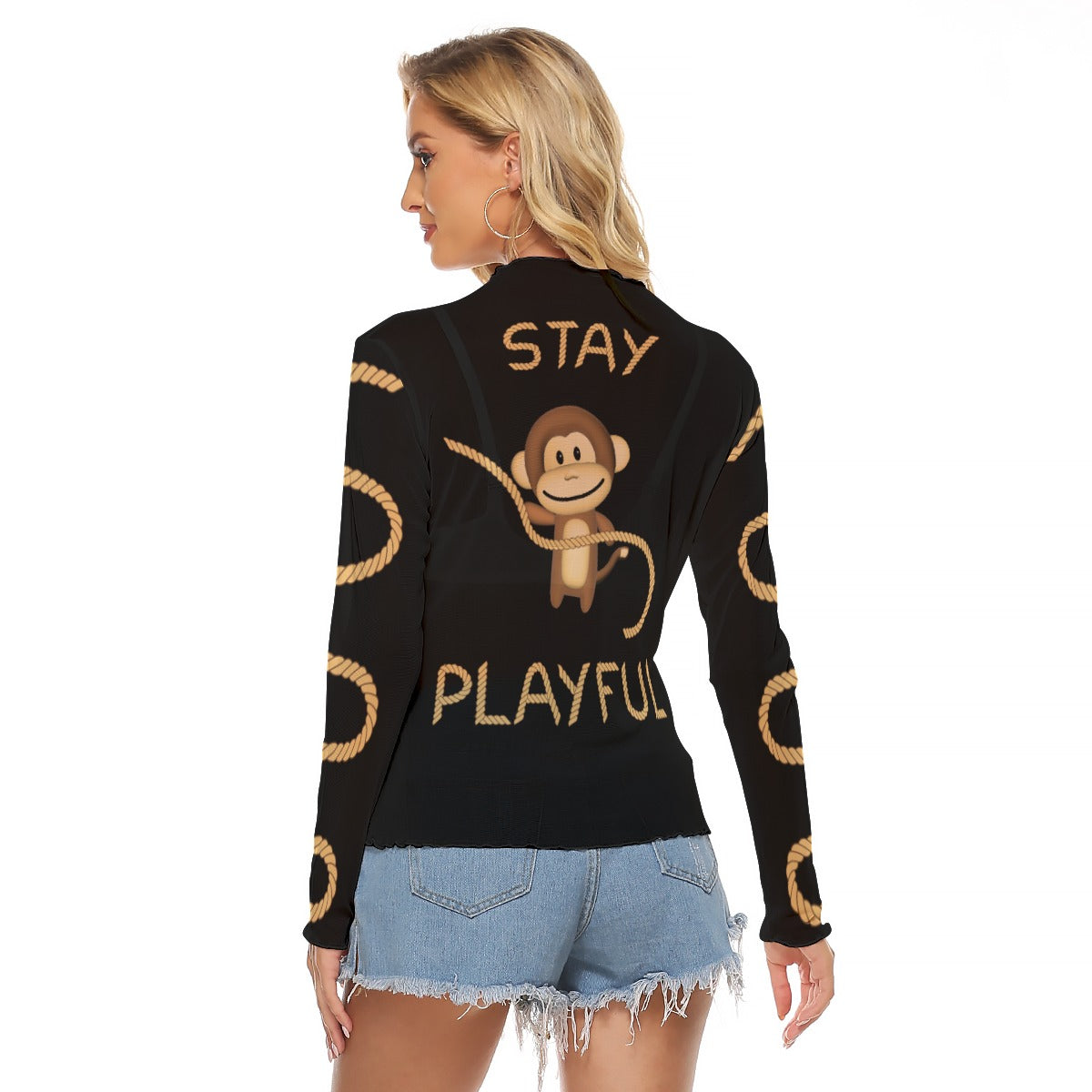 Playful Monkey Long Sleeve Top – Lightweight Mesh Feel with Fun Graphic