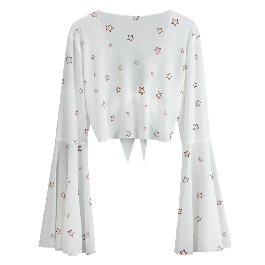 Kawaii Star Crop Blouse Lightweight Long Sleeve Mesh Shirt with Lace-Up & Bell Sleeves