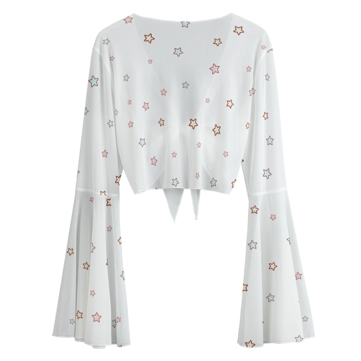 Kawaii Star Crop Blouse Lightweight Long Sleeve Mesh Shirt with Lace-Up & Bell Sleeves