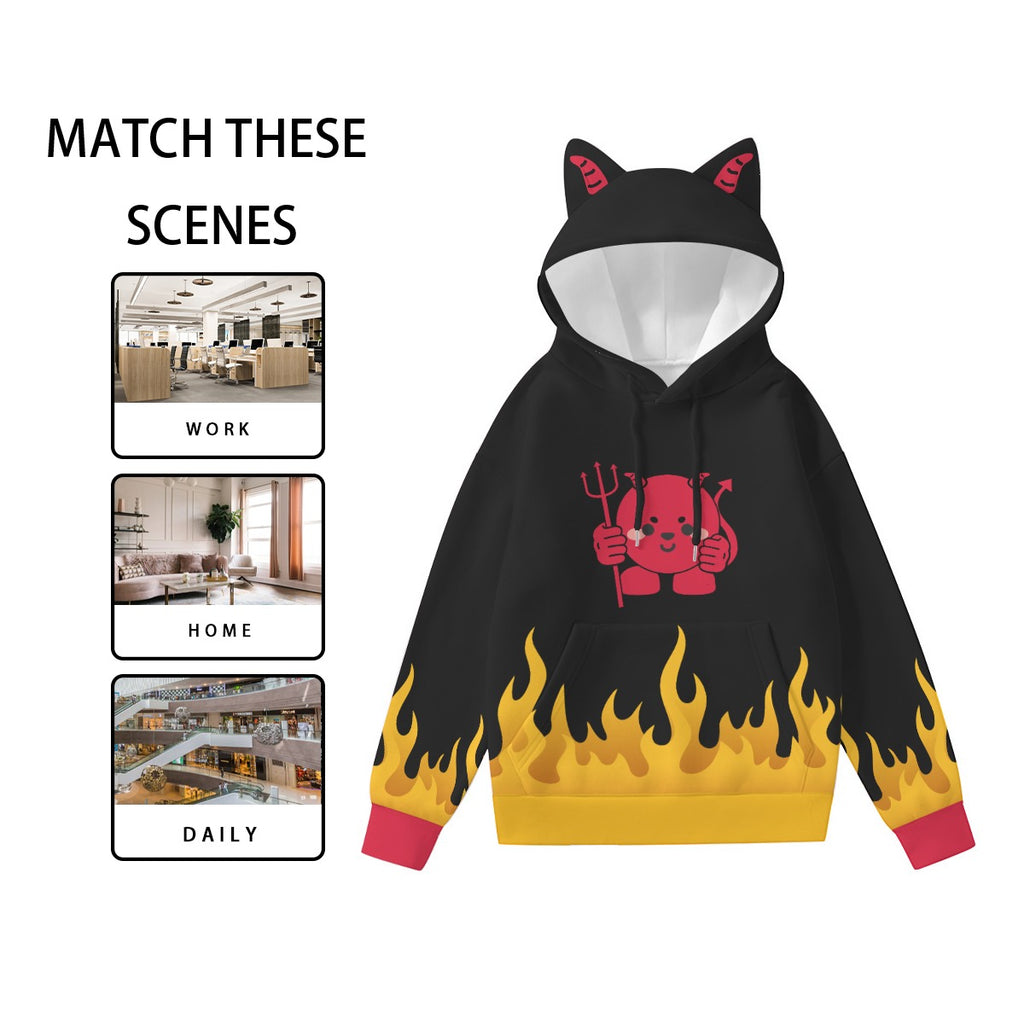 Kawaii Devil Flame Women's Hoodie with Cat Ears - Fashionable Streetwear