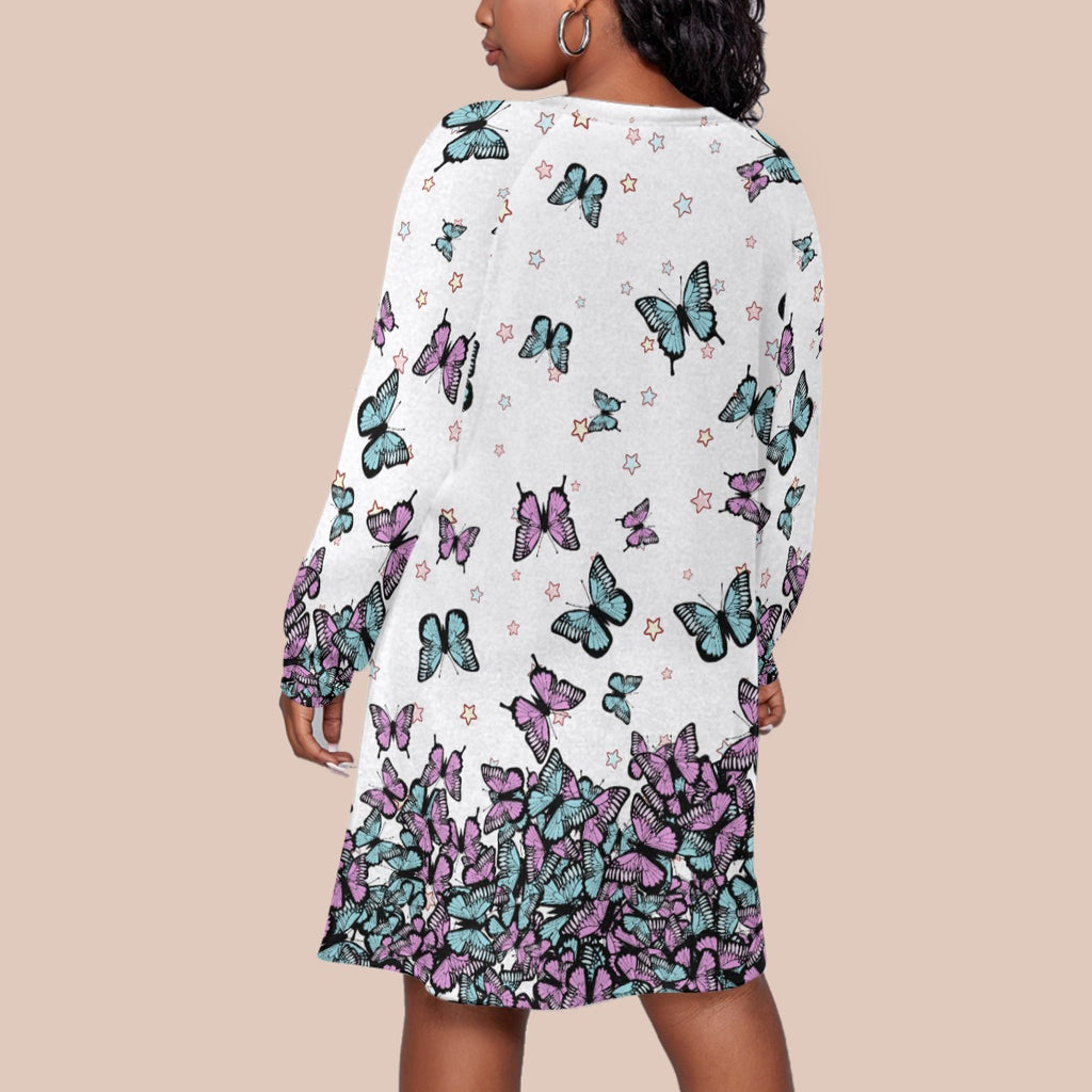 Kawaii Heaven Plus Size Butterfly Print Long Sleeve Raglan Jersey Dress