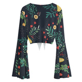 Chic Women's Midnight Meadow Bell Sleeve Mesh Blouse with Lace-Up Detail