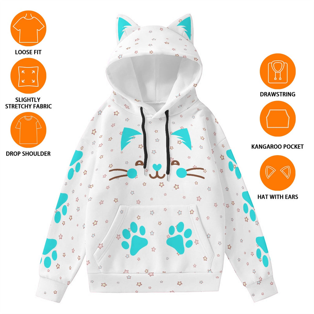 Kawaii Heaven Women's Cute Cat Ear Hoodie with Blue Paw Print Design