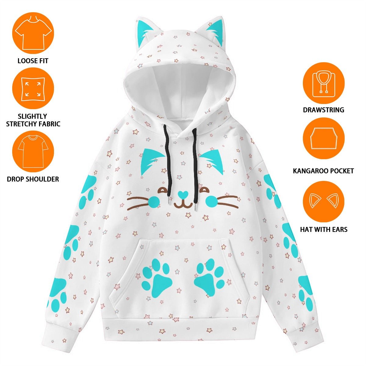Kawaii Heaven Women's Cute Cat Ear Hoodie with Blue Paw Print Design