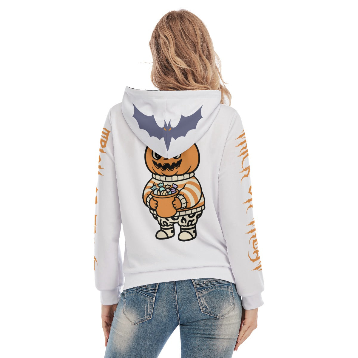 Kawaii Heaven Halloween Pumpkin Print Slim Fit Women's Hoodie with Adjustable Hood and Front Pocket