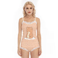 Kawaii Heaven Women's Bear Print Lace Trim Pajama Set - Cute Sleepwear with Cami Top & Shorts