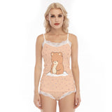 Kawaii Heaven Women's Bear Print Lace Trim Pajama Set - Cute Sleepwear with Cami Top & Shorts