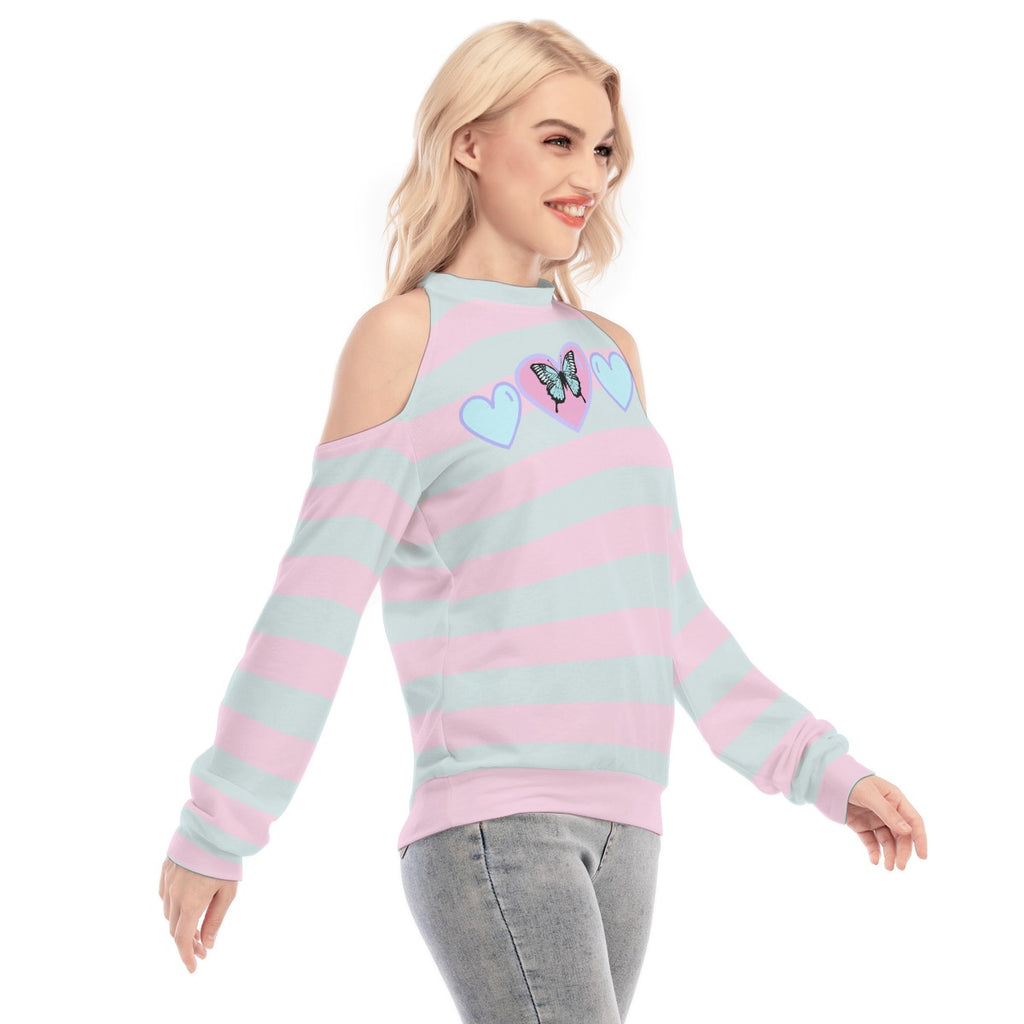 Pastel Butterfly Cold Shoulder Sweatshirt – High Neck Cute Top