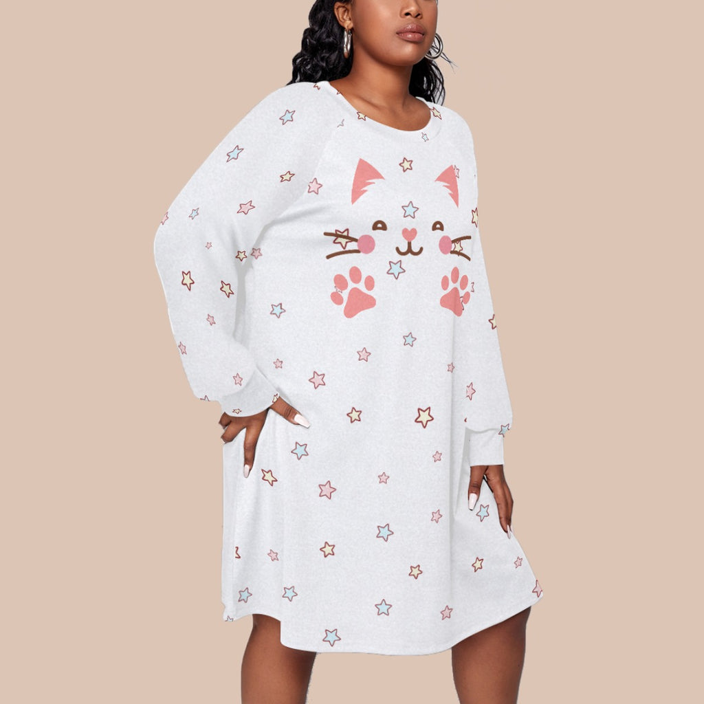 Kawaii Heaven Playful Cat Print Plus Size Raglan Sleeve Dress for Women