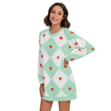 Women's Mint Hearts Harlequin Style Round Neck Raglan Sleeve Sweater | Polyester