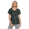 Neon Cat Print Tee - Kawaii Women's Casual Shirt, Olive Green