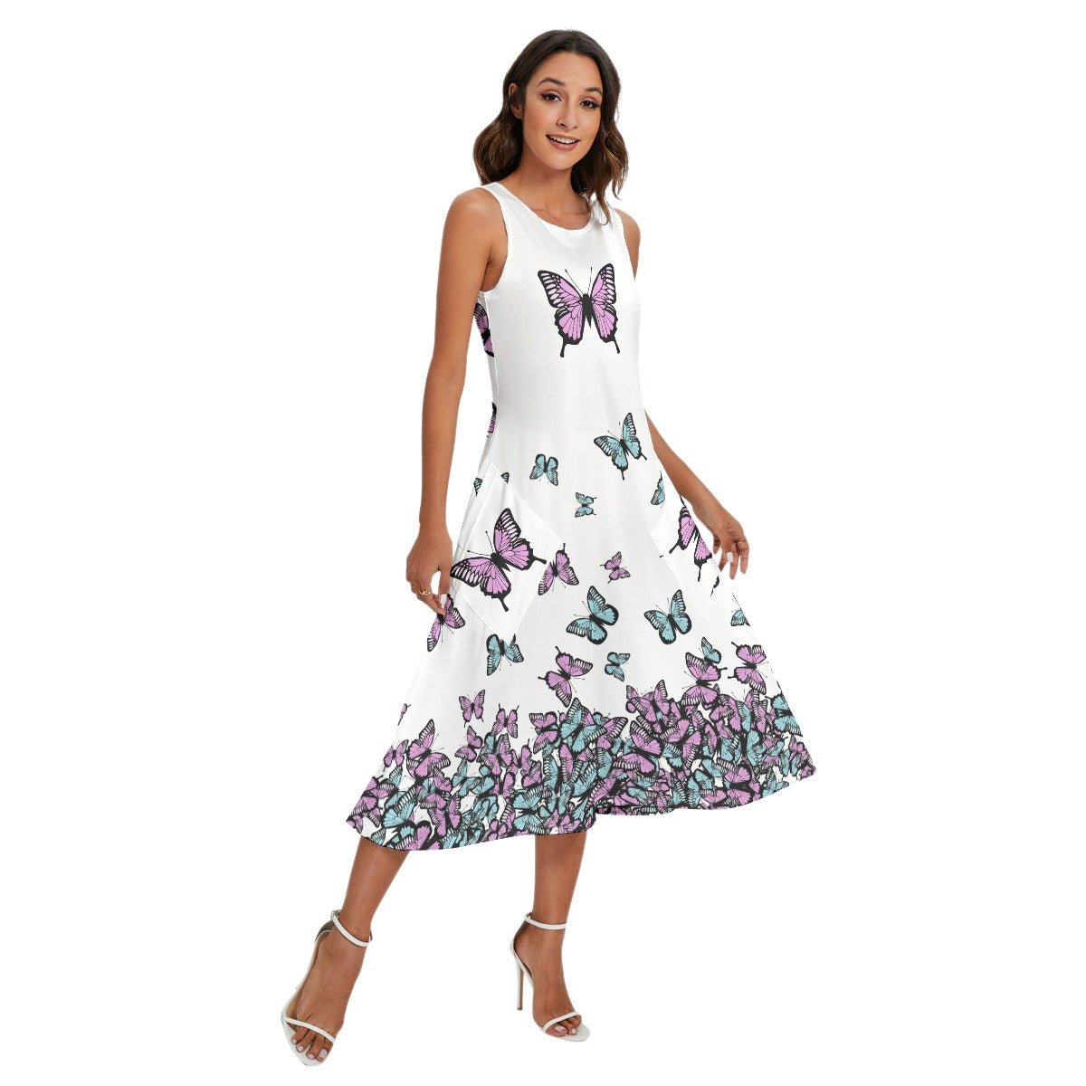 Butterfly Maxi Dress – Sleeveless Pastel Pocket Dress