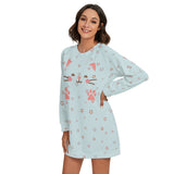 Kawaii Heaven Women's Cute Cat & Star Print Round Neck Raglan Sleeve Sweater - Cozy Blue