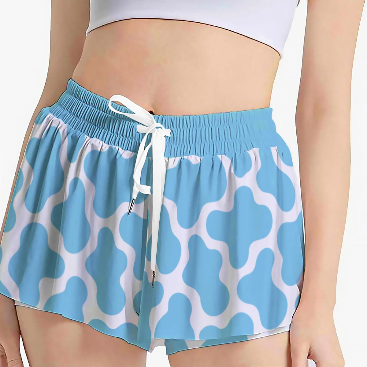 Cute Blue Cow Print Sport Skort with Pocket - Kawaii Dog Design Athletic Skirt with Built-in Shorts